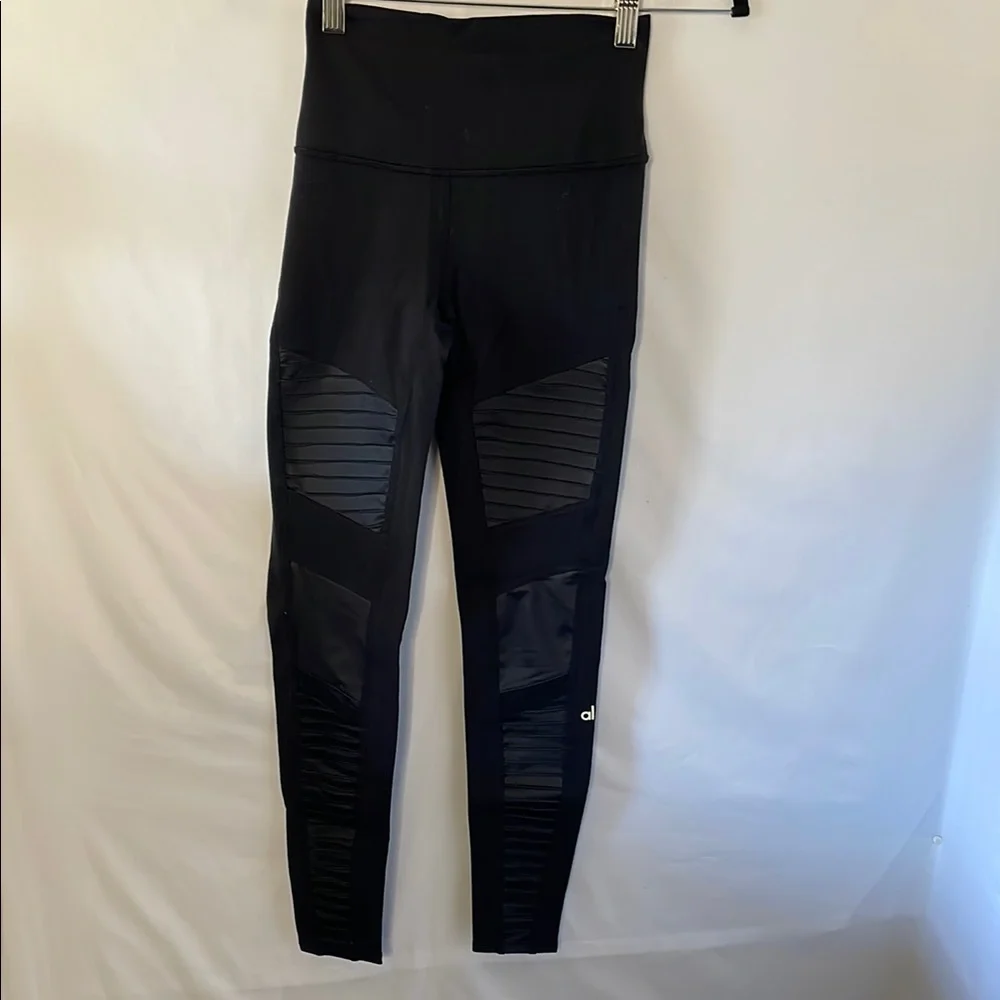 Alo Black Leggings with Ribbed Accents moto style sheer mesh